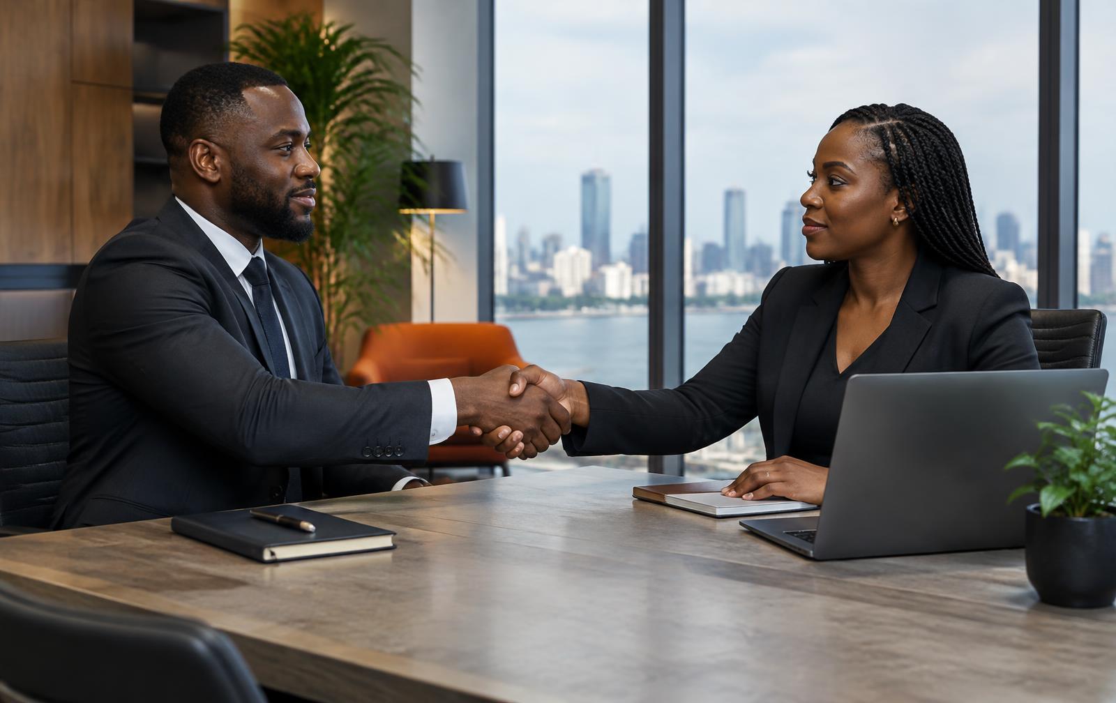 Two Black business professionals shaking hands after reaching an agreement